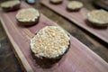 Grilling portobello mushrooms on cedar plank Royalty Free Stock Photo