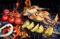 Grilling poultry quails and fresh juicy vegetables in a restaurant