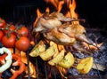 Grilling poultry quails and fresh juicy vegetables in a restaurant