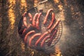 Grilling sausages on barbecue grill. Picnic in teh forest