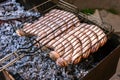 Grilling sausages in barbecue. Party time. Royalty Free Stock Photo