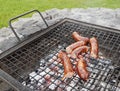 Grilling sausages on the grill. Frying food on charcoal and on fire. Fatty food. Calories and energy for muscles. Picnic on the st