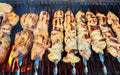 Meat on skewers roasting over bbq grill Royalty Free Stock Photo