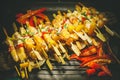 Grilling shashlik on barbecue grill, only pork. Dinner party, barbecue and roast pork at night. Royalty Free Stock Photo
