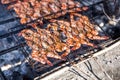 Grilling shrimp on campfire