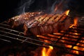 grilling steak on flaming