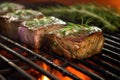 grilling steak with grill marks and herb garnish