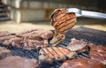 Grilling a tasty steak on a barbecue - close up view with backyard garden in background