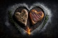 Grilling Two Heart-Shaped Marble Beef Steaks with Spices on a Stone Background. Generative AI