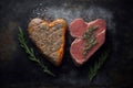 Grilling Two Heart-Shaped Marble Beef Steaks with Spices on a Stone Background. Generative AI