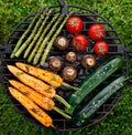 Grilling vegetables with the addition of spices and herbs on the grill plate outdoors, top view. Royalty Free Stock Photo