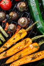 Grilling vegetables with the addition of spices and herbs on the grill plate outdoors, top view. Royalty Free Stock Photo