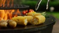 Grilling vegetables cooking on fire outside. Man hands turning corn with forceps Royalty Free Stock Photo