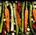 Grilling vegetables, raw vegetables prepared for grilling with the addition of olive oil, herbs and spices located on the grill pl Royalty Free Stock Photo