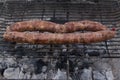 Grilling wursts on barbecue grill. Grilled meat sausages