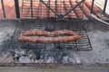 Grilling wursts on barbecue grill. Grilled meat sausages