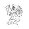 Grim Reaper or Angel of Death with Bird Wing and Bat Wing Black and White Drawing Royalty Free Stock Photo