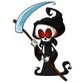 Grim reaper cartoon character with scythe isolated on a white background. Cute death character in black hood Royalty Free Stock Photo