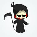 Grim reaper cartoon character with scythe isolated on a white background. Cute death character in black hood. Royalty Free Stock Photo