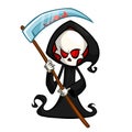 Grim reaper cartoon character with scythe isolated on a white background. Cute death character in black hood.