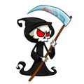 Grim reaper cartoon character with scythe isolated on a white background. Cute death character in black hood Royalty Free Stock Photo