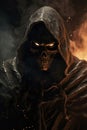 The grim reaper close up, smirk and defiance, intricately stylized skull, smoke and shadows effects