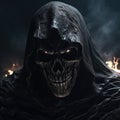 The grim reaper close up, smirk and defiance, intricately stylized skull, smoke and shadows effects