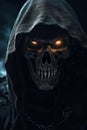 The grim reaper close up, smirk and defiance, intricately stylized skull, smoke and shadows effects