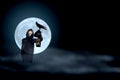 Grim Reaper and crow with super moon blur background,Halloween day,Ghost puppet Royalty Free Stock Photo