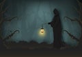 Grim reaper in dark forest, Halloween paper art background