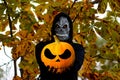 Grim reaper holding halloween pumpkin head. Man in death mask with fire flame in eyes on natural chestnut tree leaves Royalty Free Stock Photo