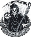 Grim reaper holding scythe and pointing