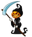 Grim Reaper Pumpkin Head Cartoon Character With Scythe. Halloween Jack O Lantern Illustration Design For Party Invitation Or