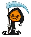 Grim reaper pumpkin head cartoon character with scythe. Halloween jack o lantern illustration design for party invitation or Royalty Free Stock Photo