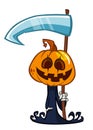 Grim Reaper Pumpkin Head Cartoon Character With Scythe. Halloween Jack O Lantern Illustration Design For Party Invitation Or