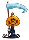 Grim Reaper Pumpkin Head Cartoon Character With Scythe. Halloween Jack O Lantern Illustration Isolated On White
