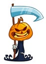 Grim Reaper Pumpkin Head Cartoon Character With Scythe. Halloween Jack O Lantern Illustration Isolated On White