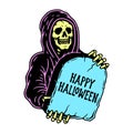 GRIM REAPER WITH TOMBSTONE HAPPY HALLOWEEN COLOR WHITE Royalty Free Stock Photo