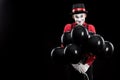 grimacing mime with bundle of helium balloons
