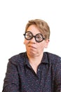 Grimacing woman thick glasses