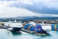 Grimaldi Lines, Tirrenia Athara and Tirrenia Bithia ferries at the Port of Civitavecchia, Rome.