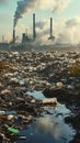 A Grimy Field Overflowing With Trash and Billowing Smoke From Industrial Stacks