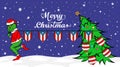 Grinch steals national flag of Puerto Rico illustration. Green Ogre in Christmas poster