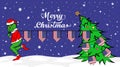 Grinch steals national flag of USA illustration. Green Ogre in Christmas poster