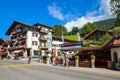 Grindelwald, Switzerland - August 16, 2019: Street in Alpine village Grindelwald. Popular starting point for hiking in the Swiss