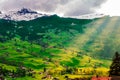 Grindelwald valley with village scattered on the green slopes of Bernese Alps. Switzerland.