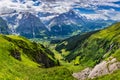 Grindelwald view and summer Swiss Alps mountains panorama landscape, green fields and high peaks in background, Switzerland, Royalty Free Stock Photo