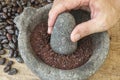 Grinding cacao in mortar and pestle Royalty Free Stock Photo