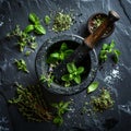 Grinding Fresh Culinary Herbs in a Stone Mortar Royalty Free Stock Photo