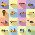 Grinding machine icons set flat vector. Build construct